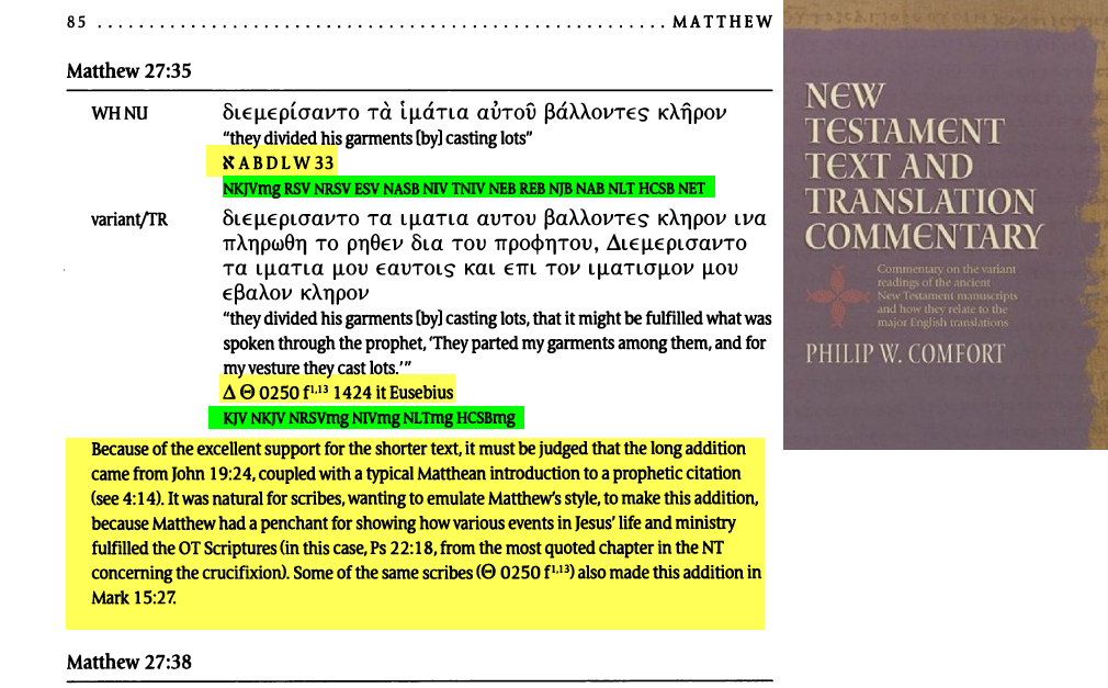Philip Comfort — NT Text and Translation Commentary, p. 85, Matthew 27:35 analysis