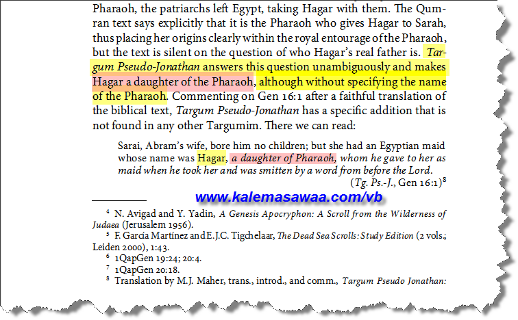 Screenshot of additional Targum Jonathan evidence on Hagar's royal identity as Pharaoh's daughter