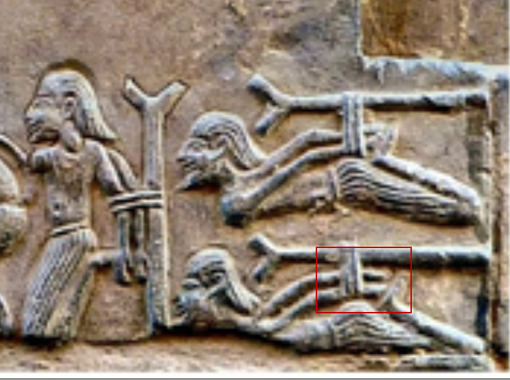 Close-up of the Edfu Temple mural showing an ancient Egyptian figure crucified on wood with hands cut off at the palms combining the two punishments of amputation then crucifixion described in Quran 7:124