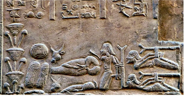 Mural from the Edfu Temple in ancient Egypt depicting the hanging of a figure on wood constituting crucifixion as a form of punishment in Pharaonic Egypt