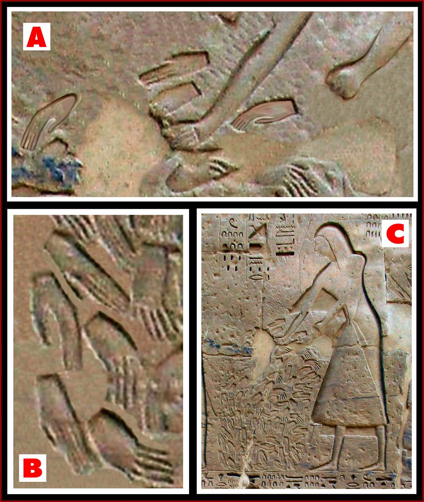 Pharaonic mural from Medinet Habu depicting the cutting off of hands at the palm as a form of punishment or post-battle penalty practiced in ancient Egypt