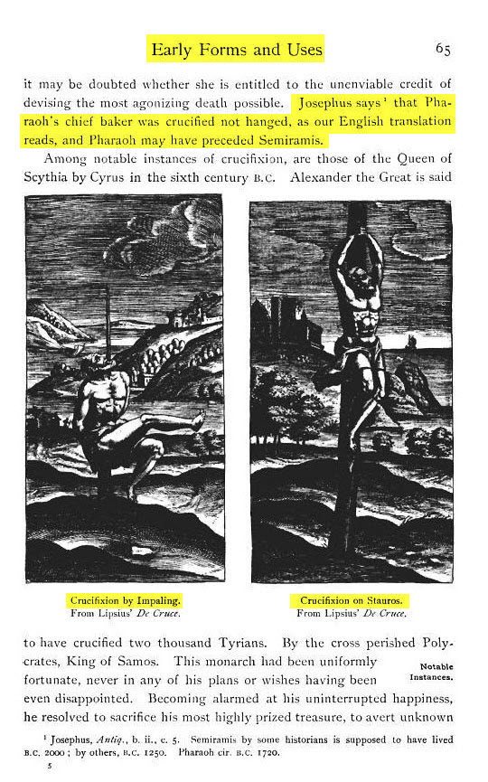 Second image from the book on the cross showing the form of crucifixion by hanging from a stake through impalement as practiced in the ancient world