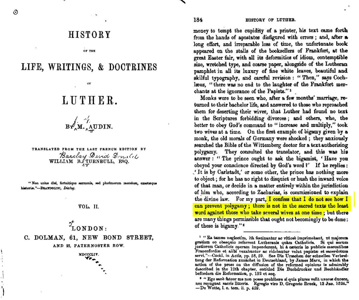 Martin Luther's statement that he cannot prohibit polygamy because the Holy Scriptures permit it