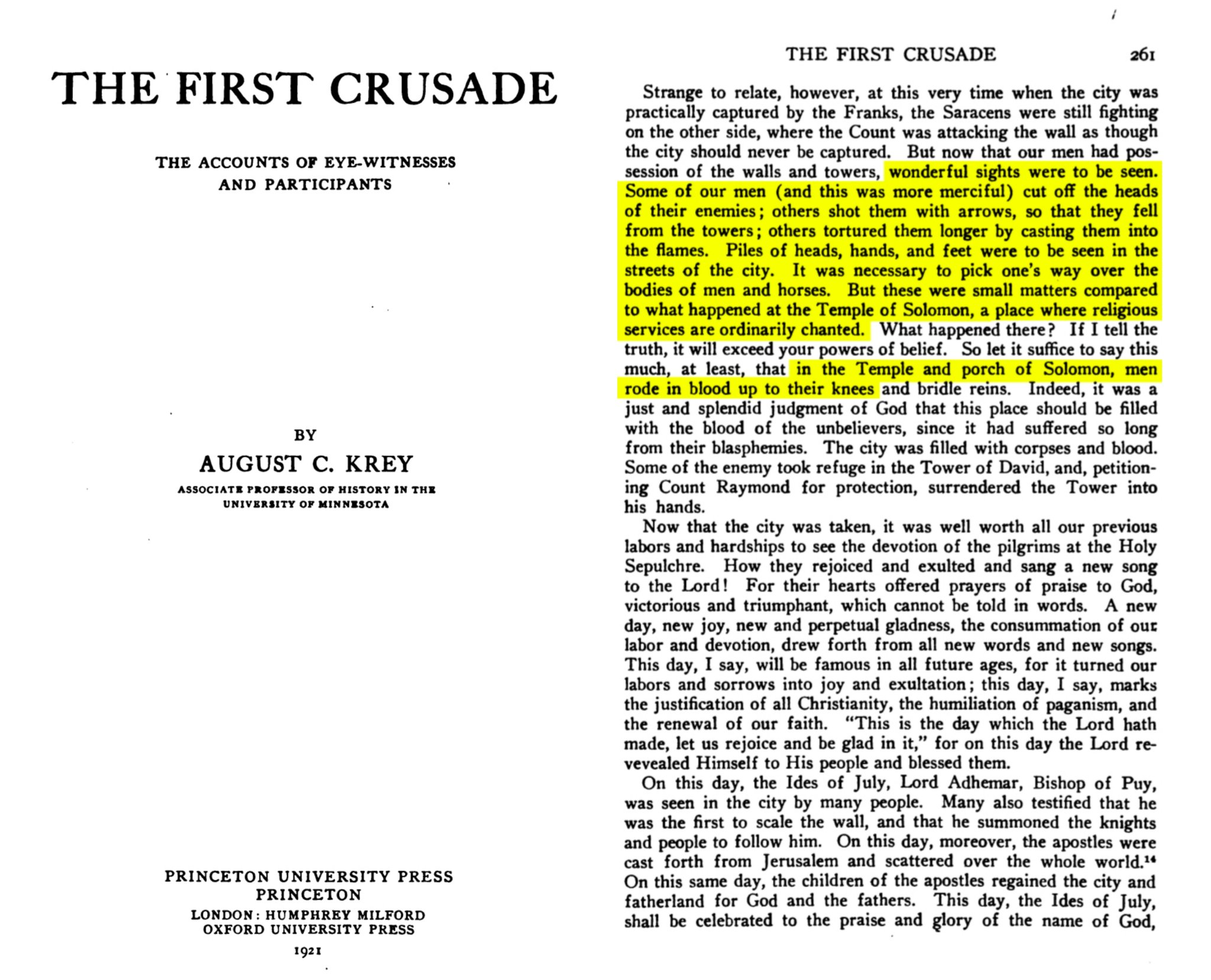 Raymond de Gilles praising the massacre in Jerusalem — beheading, burning, and arrows