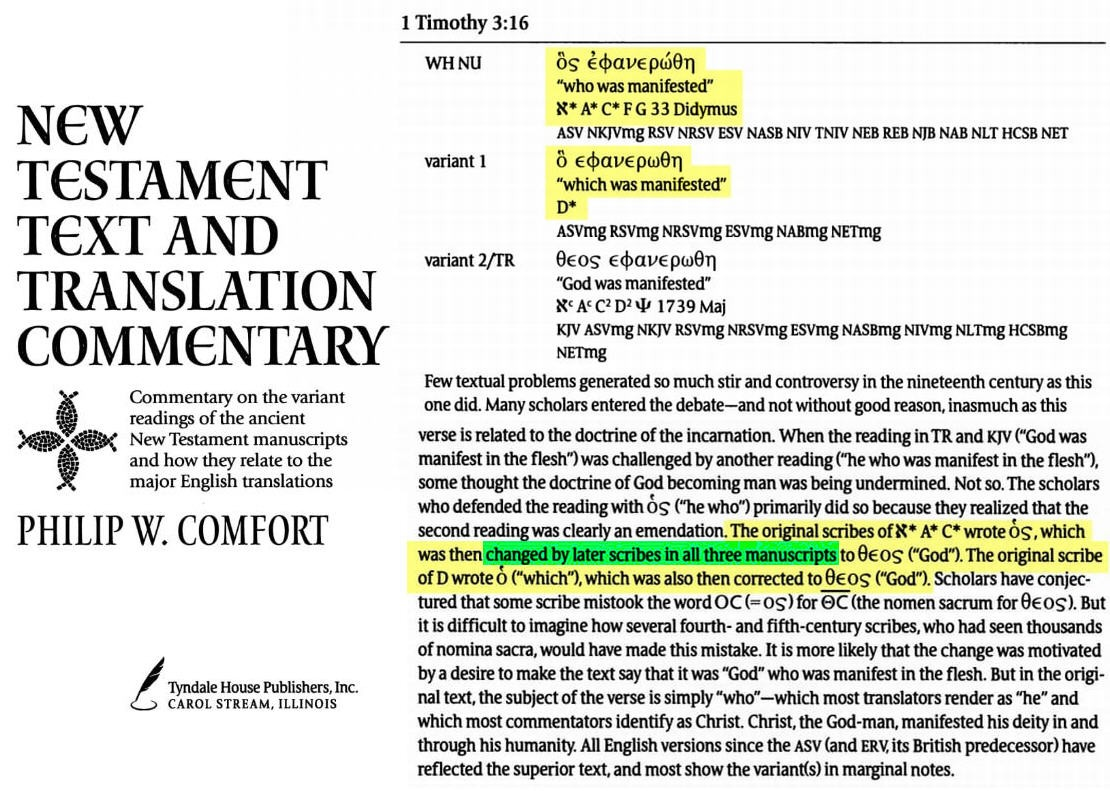 distortion of the text of 1 timothy 3 16 great is the mystery of godliness god was manifested in t 10