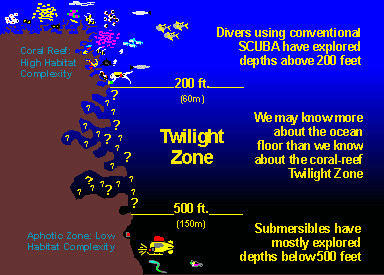 Deep sea pressure and darkness gradient chart from surface to trench bottom