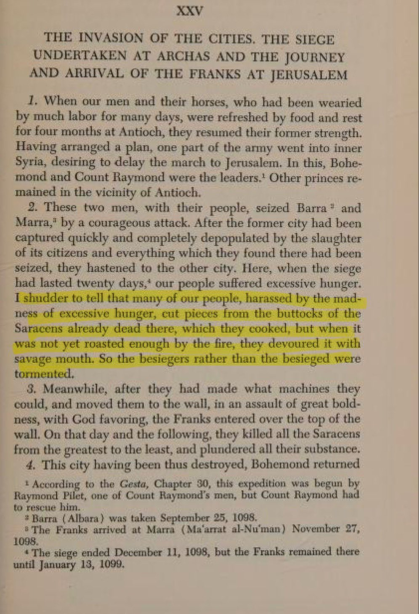 Fulcher of Chartres — Crusaders eating Saracens' flesh before fully roasted