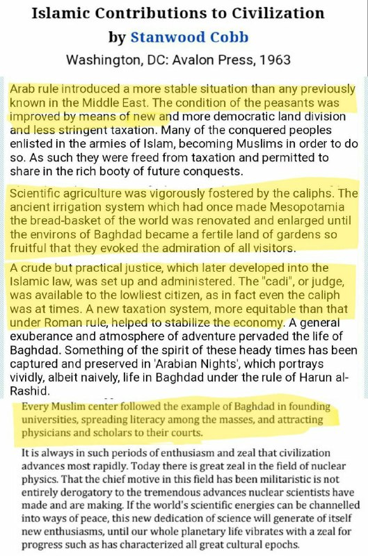 Stanwood Cobb on Arab-Islamic economic contributions and stability
