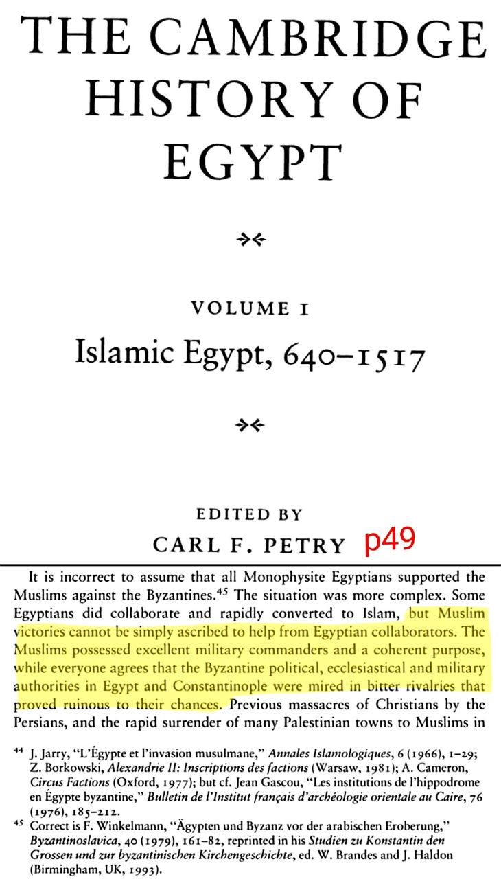 Cambridge History of Egypt on Arab military leadership in the conquest