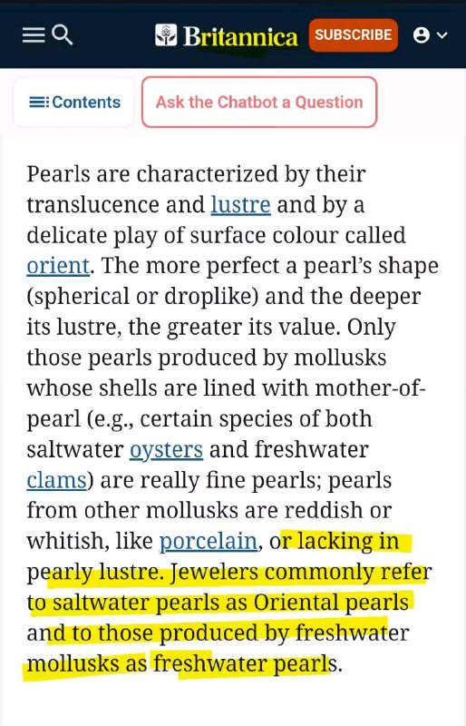 Encyclopædia Britannica entry on Pearl confirming the distinction between oriental saltwater pearls and freshwater pearls