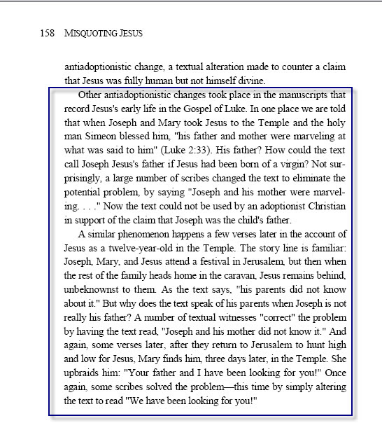 Bart Ehrman — Luke 2:33 'his father' changed to 'Joseph', Luke 2:43 'his parents' changed