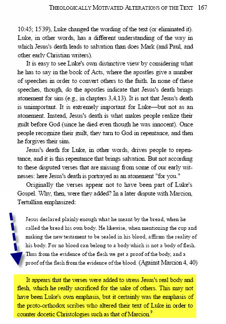 Bart Ehrman — Luke 22:19-20 added to combat Docetism