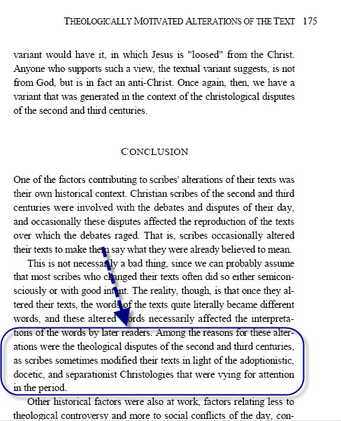 Bart Ehrman — conclusion on theological disputes as cause of manuscript distortions