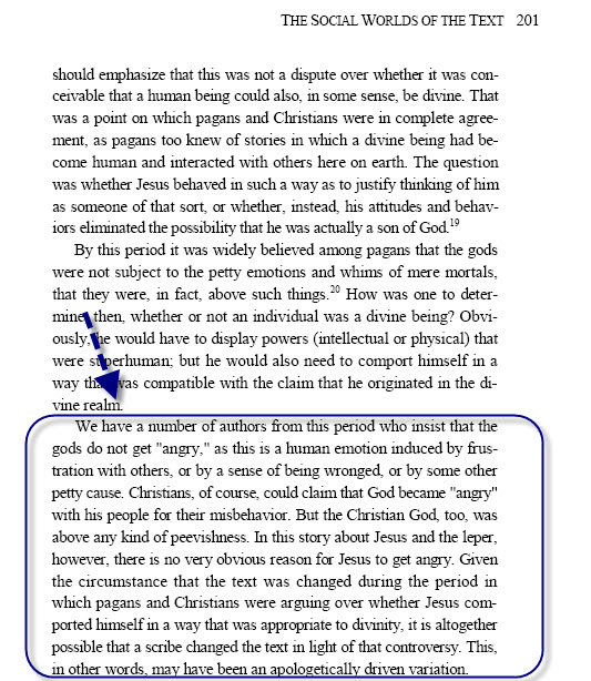 Bart Ehrman — Mark 1:41 'angry' changed to 'compassionate' due to pagan critique