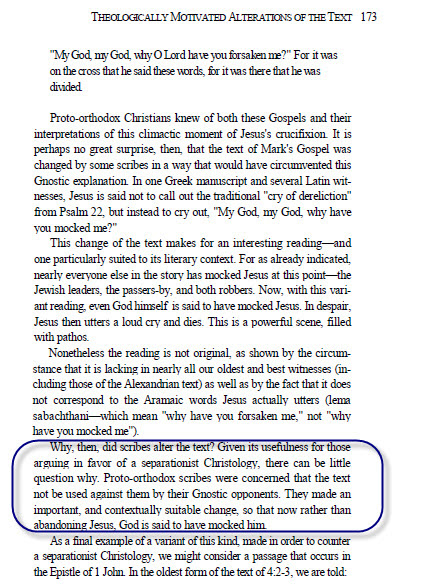 Bart Ehrman — Mark 15:34 changed from 'forsaken' to 'mocked' to counter Gnostics