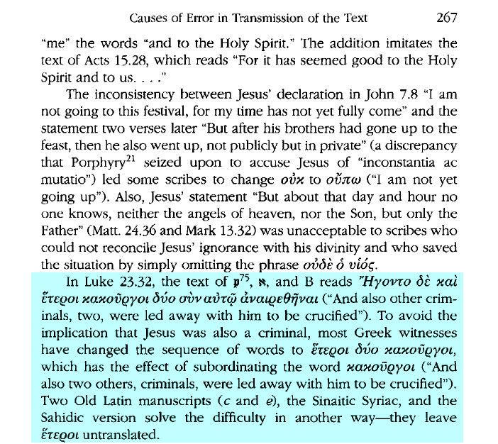 Metzger — Luke 23:32 word order changed in most Greek evidence