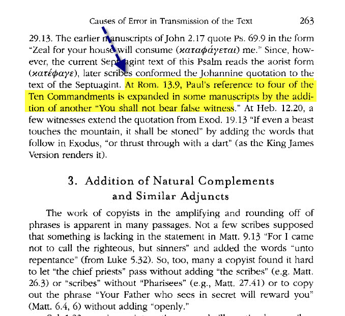 Metzger — 'you shall not bear false witness' added to Romans 13:9 to harmonize with Exodus