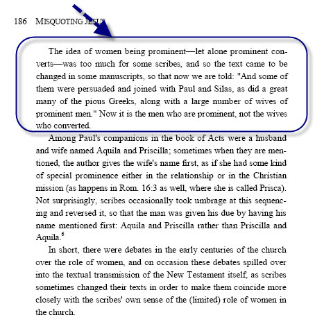 Bart Ehrman — Acts 17:4 'virtuous women' changed to 'wives of pioneering men'