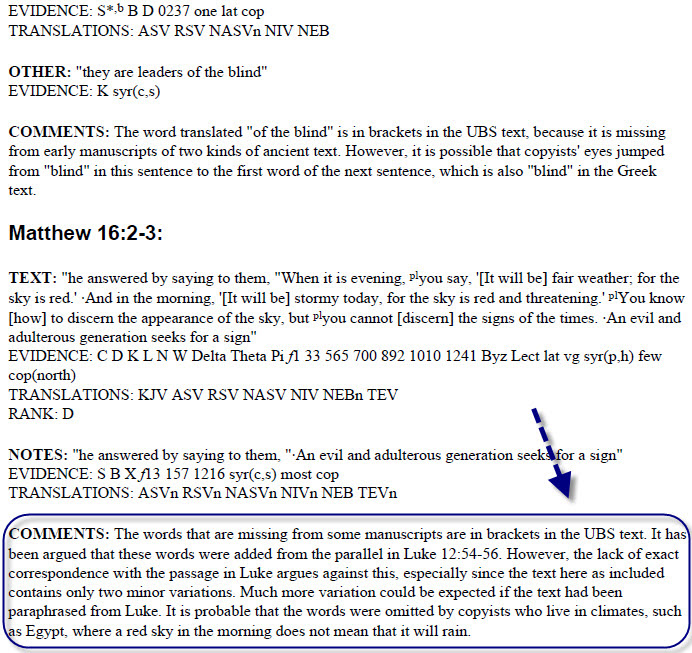 Bruce Terry — Matthew 16:2-3 possibly deleted by scribes in climates where red sky means nothing