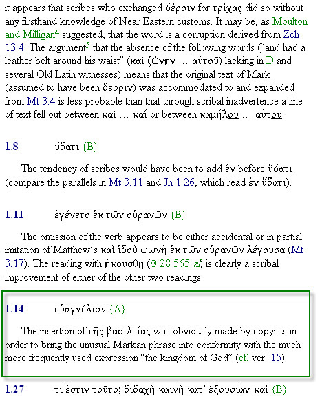 Metzger — Mark 14:1 'good news of God' changed to 'good news of the kingdom of God'