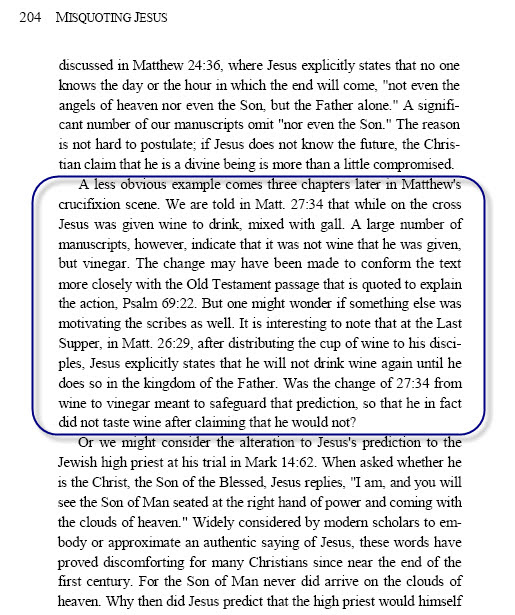 Bart Ehrman — Matthew 27:34 wine changed to vinegar to protect Jesus's vow