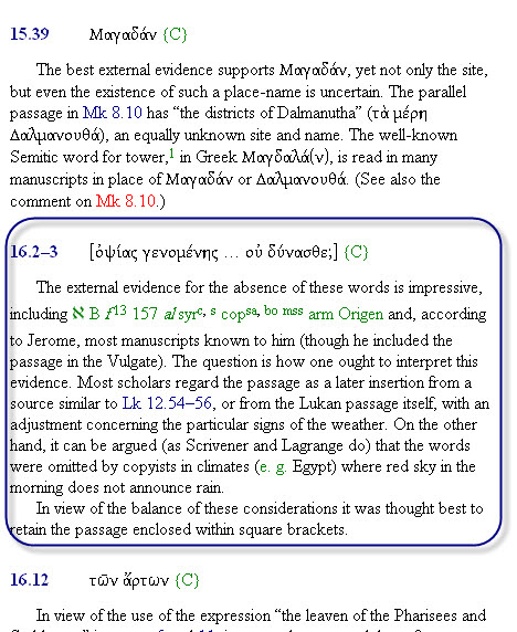 Metzger — Matthew 16:2-3 placed in brackets