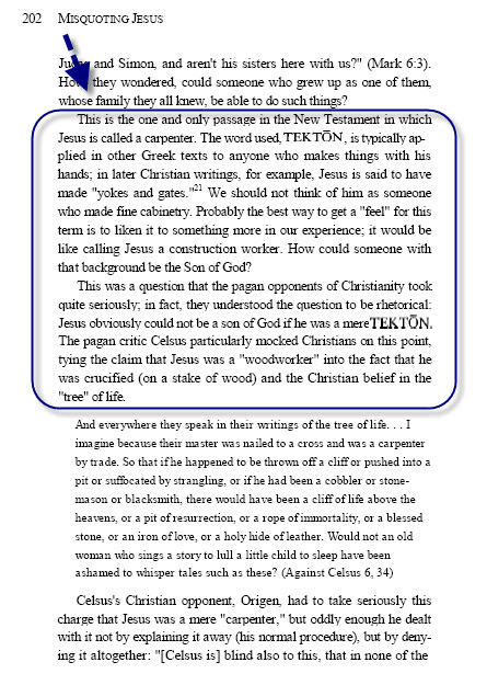 Bart Ehrman — Mark 6:3 'the carpenter' changed to 'the carpenter's son' due to Celsus's mockery