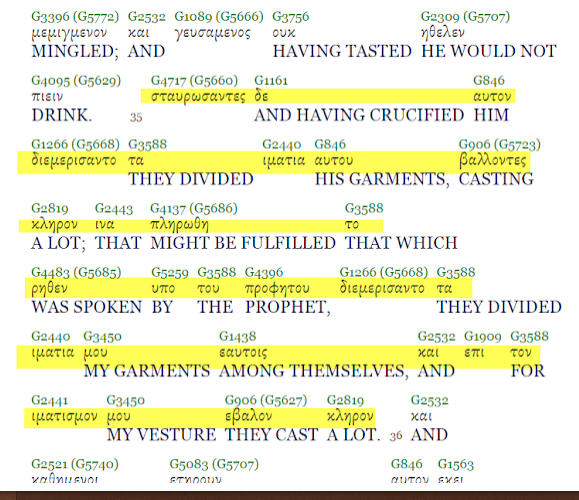 Interlinear Greek-English text of Matthew 27:35 — the short reading without the prophecy fulfillment clause
