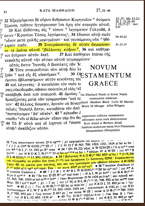 CNTTS apparatus continued — additional manuscript data for Matthew 27:35 deletion and addition readings
