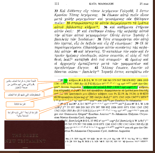 Bruce Metzger — Matthew 27:35 committee comment image, showing the different readings and their witnesses