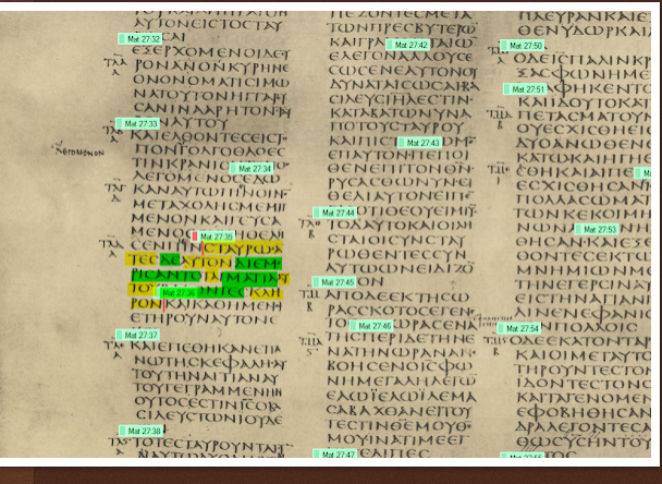 Codex Sinaiticus — Matthew 27:35 without the prophecy fulfillment addition, 4th-century manuscript