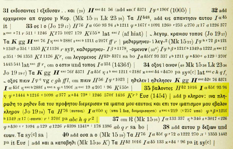 Von Soden critical edition — Matthew 27:35, short reading chosen as original text