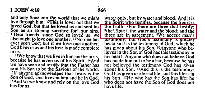 NIV English Bible showing 1 John 5:7 without the Trinitarian clause