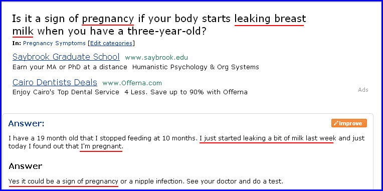 Screenshot of a medical Q&A forum in which a woman reports breast milk secretion as a sign of early pregnancy, confirming that pregnancy-induced lactation is the physiological referent of the classical Arabic term laban al-fahl