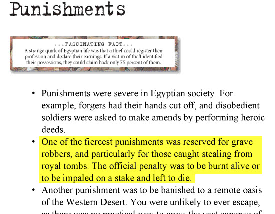 Second screenshot from Egyptological historical sources confirming ordinary criminals were punished by amputation of the nose and ear and heinous criminals by crucifixion on a stake