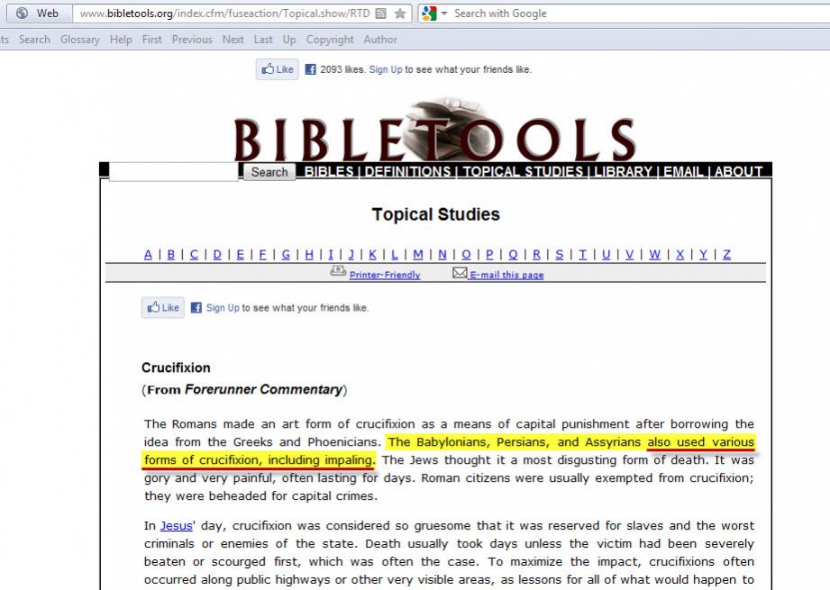 Screenshot from bibletools.org confirming that the Babylonians Persians and Assyrians used different types of crucifixion including hanging on a stake which is impalement