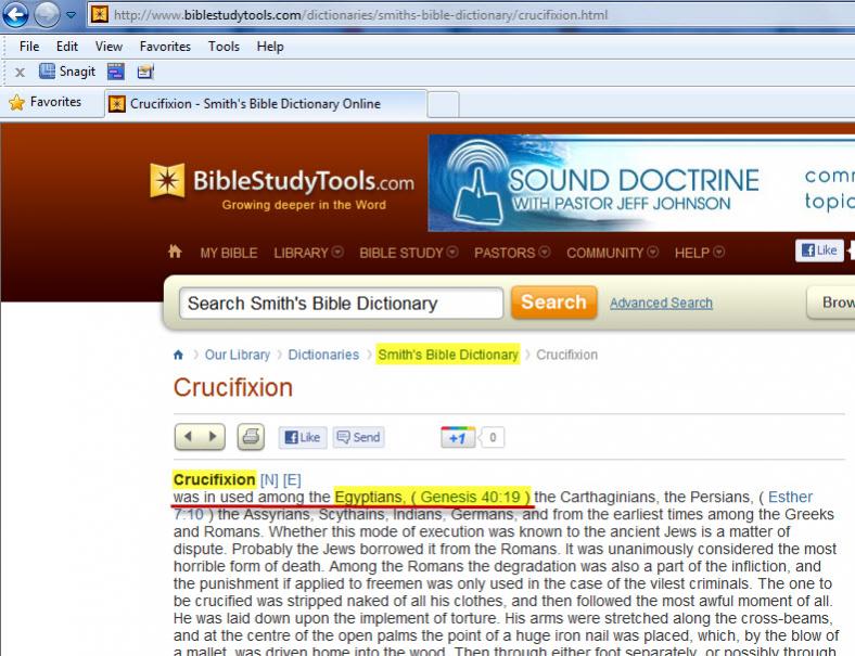 Screenshot from Smith's Bible Dictionary entry on crucifixion confirming that crucifixion was used by the Egyptians as stated in Genesis 40:19