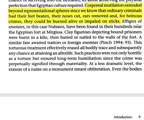 Second screenshot from additional Egyptological historical sources on amputation and crucifixion as punishments in ancient Egypt