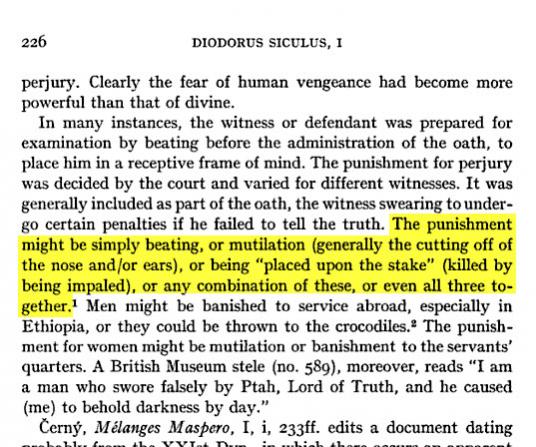 Screenshot showing the scholarly text confirming that punishments in ancient Egypt could include beating amputation and impalement or any two combined or all three together applied to the same person