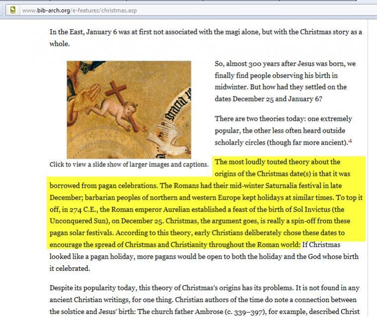 Biblical Archaeology Review — confirming the pagan origin of December 25th from the feast of Sol Invictus