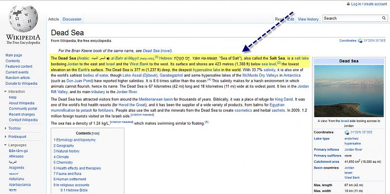 Wikipedia entry on the Dead Sea confirming 423 metres below sea level — the lowest elevation on Earth