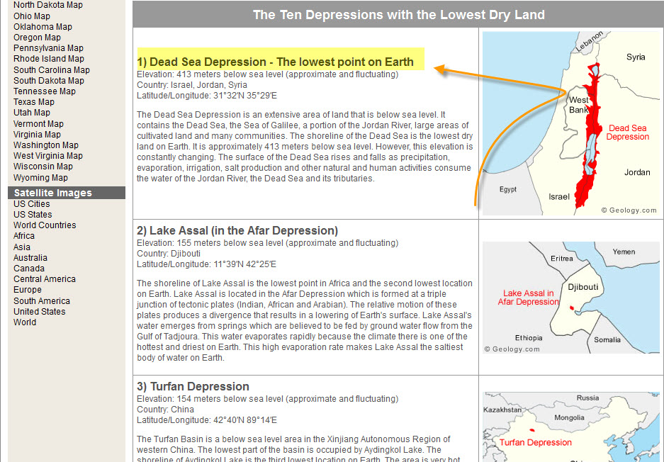 Geology.com entry — Dead Sea Depression listed as the lowest point on Earth at 413 metres below sea level